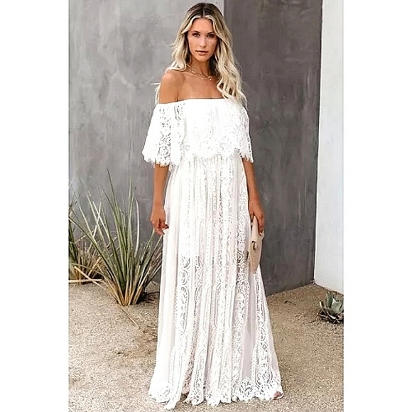 LAST ONE! Plus Size LILLIAN Off The Shoulder Boho Lace Bridal Maxi Dress